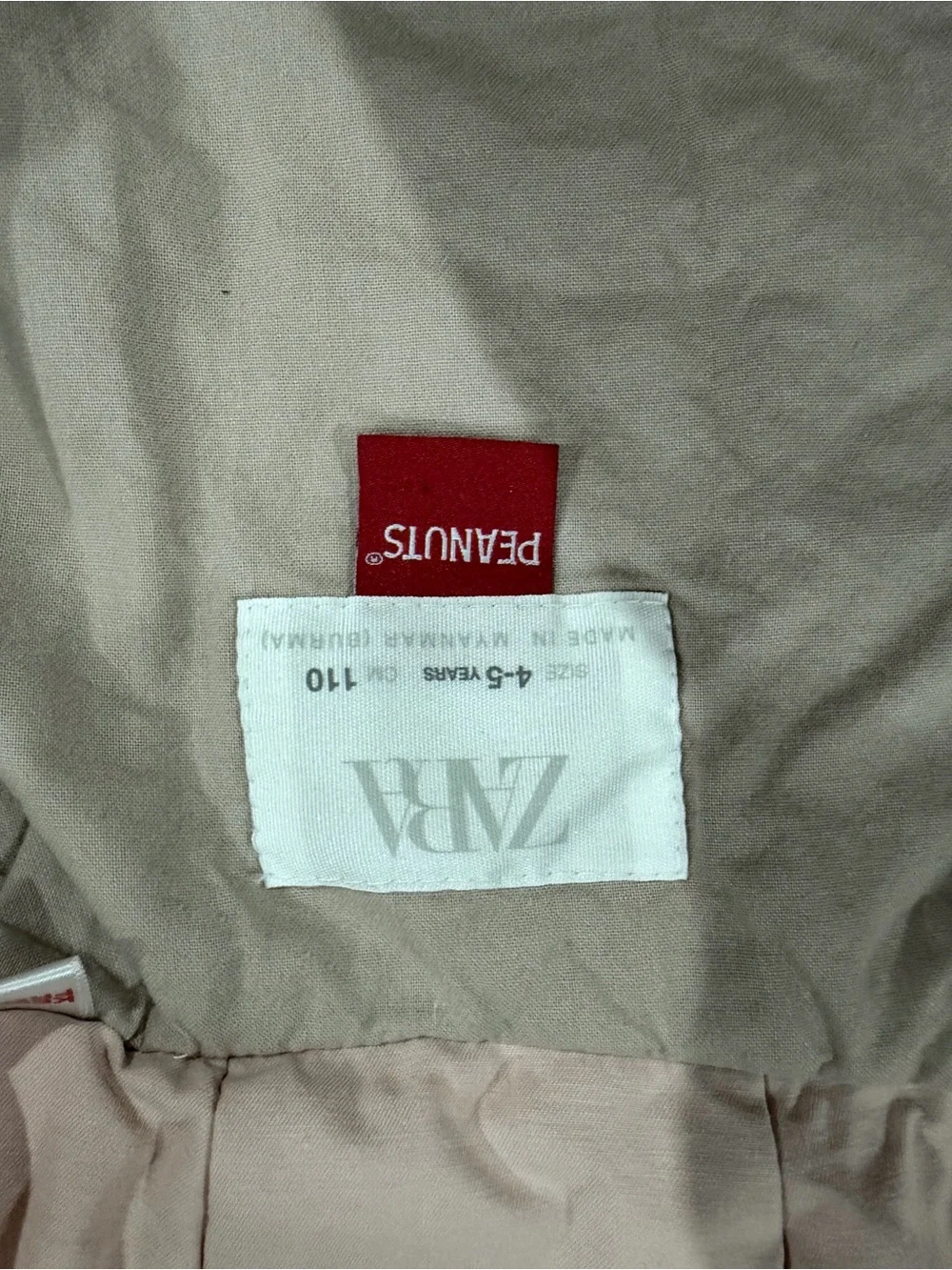 Zara Light Cream Hooded Puffer Jacket with Snoopy Back Graphic
